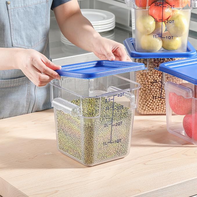 EGGKITPO 4 Pack 4 QT Food Storage Containers with Blue Lids Hot Cold Resistant Stackable Square Commercial Container Set with Handle, Clear Scarle Home Party Food Organizion BPA-Free Polycarbonate