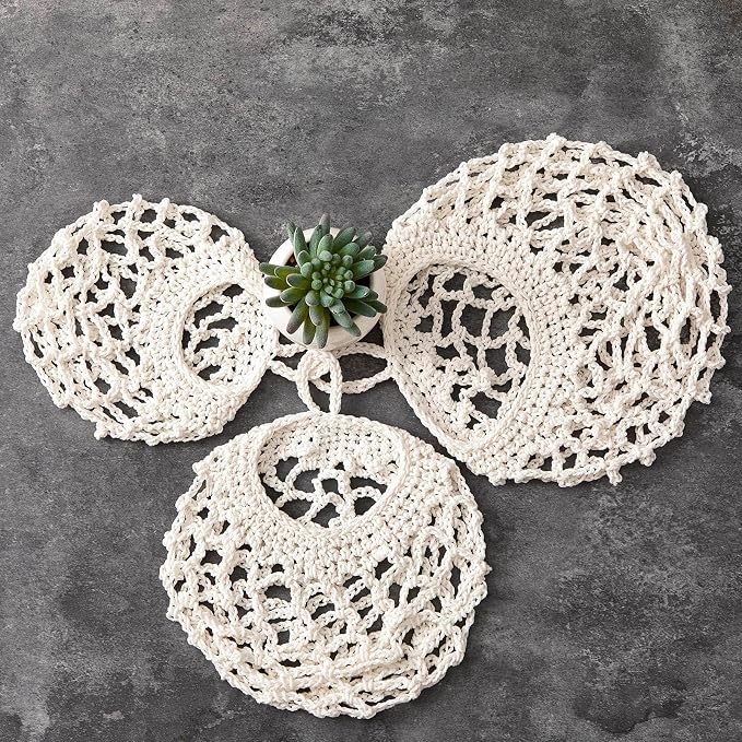 Honeydak Boho Decor Hanging Wall Baskets for Kitchen 3 Pack Teardrop Baskets with Hooks Storage Fruit Onion Vegetable Potato for Home 3 Sizes (White,Crochet,Cotton Rope)