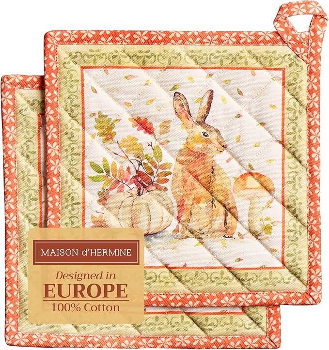 Maison d' Hermine Pot Holders Set 100% Cotton Heat Resistant Potholders 8" x 8" Hot Pads with Loop for Thanksgiving Christmas Decorations BBQ Baking Handling Hot Pans (Pack of 2, Pumpkin Passion)