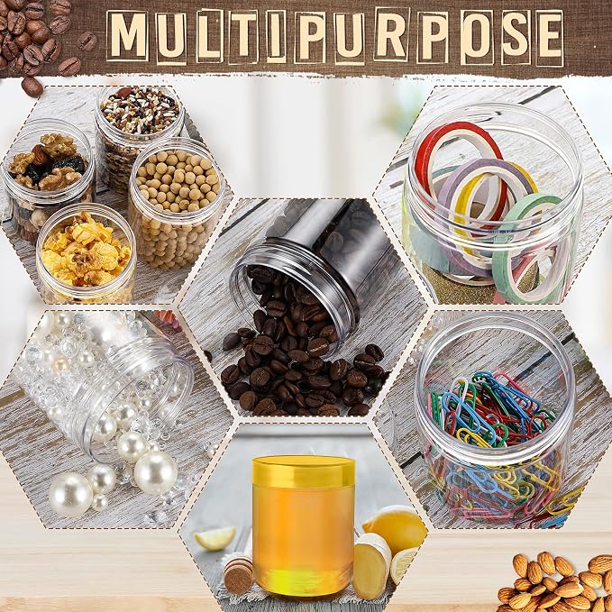 Sliner 60 Pcs 8 oz Plastic Jars with Lids Clear Round Leakproof Storage Containers Empty Refillable Plastic Mason Jars for Travel Storage Face Creams Kitchen Household Food Spice (Gold)