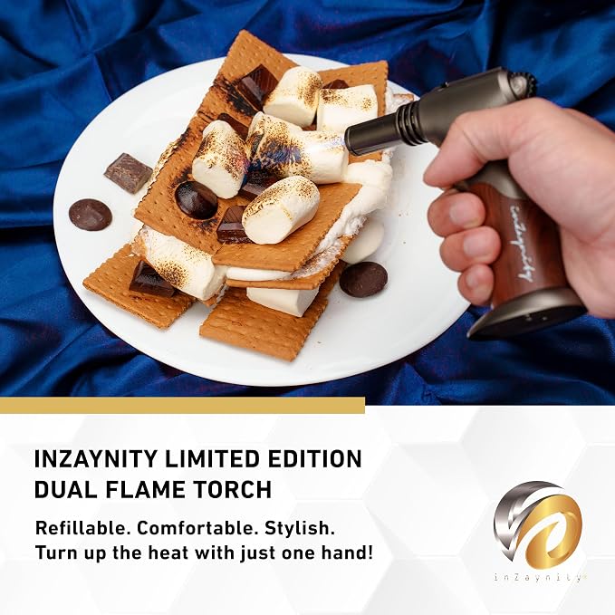 Dual Flame Butane Torch - Refillable Handheld Blow Torch for Cooking, Soldering, & Resin Art w/Adjustable Flame & Ignition Lock - Kitchen Blow Torch & Luxurious Gift Box by inZaynity® - Brown Steel