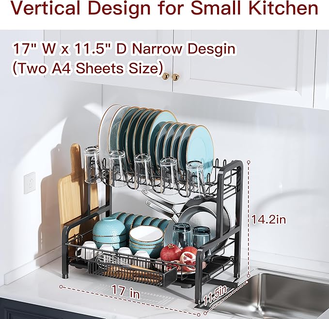 2 Tier Black Dish Drainer Drying Rack for Kitchen Counter, Large Stainless Steel Dishes Dryer with Drainboard, Space Saving, Big Rustproof Metal Modern Countertop Plates Strainer with Utensil Holder