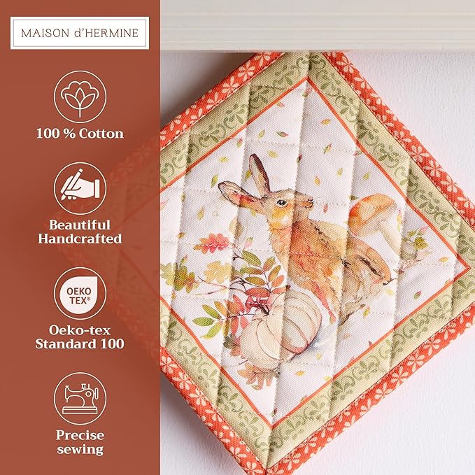 Maison d' Hermine Pot Holders 100% Cotton Heat Resistant Potholders 8" x 8" Hot Pads with Loop for Thanksgiving Christmas Decorations BBQ Cooking Baking Handling Hot Pans (Pack of 1, Pumpkin Passion)