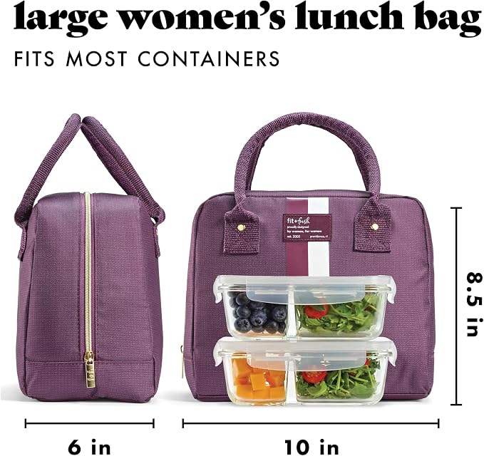 Fit & Fresh Bloomington Lunch Bag for Women - Insulated Large Lunch Box for Work with Containers, Leak-Resistant, Stain-Resistant, Zipper Closure, Plum Stripe