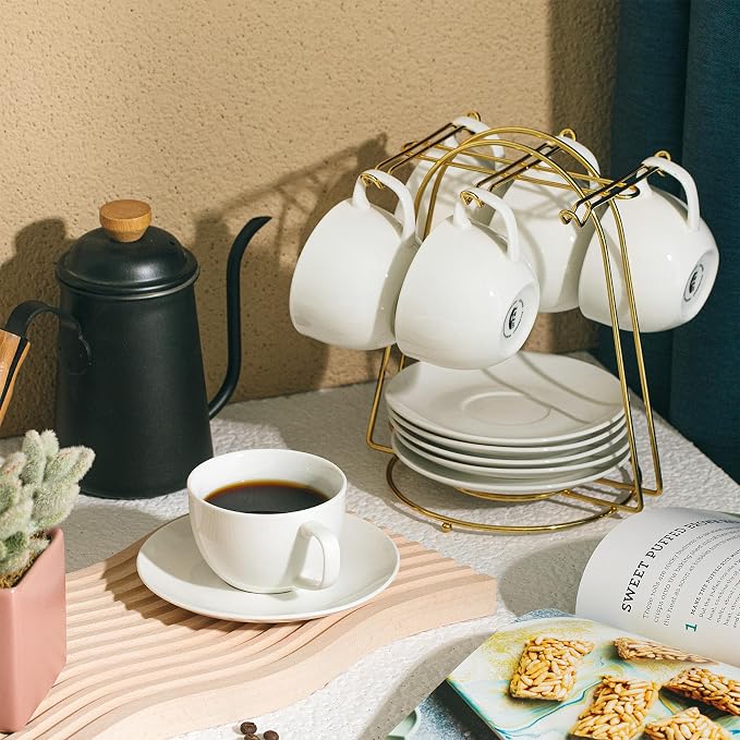 BTaT- Cappuccino Cups with Saucers 7 oz, Set of 6, White Porcelain Coffee Cup and Saucer Set for Latte, Mocha, Tea, Au Lait, Flat White, Dishwasher, Microwave, Freezer and Oven Safe