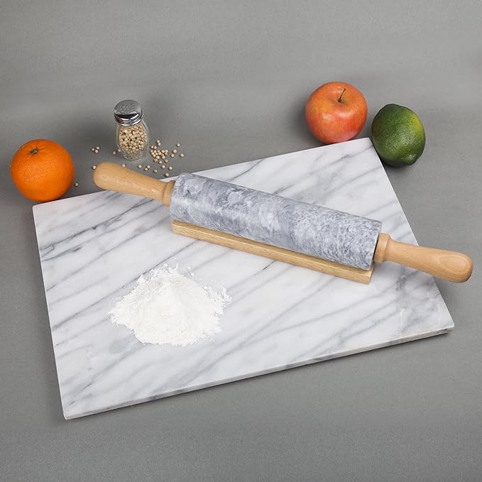 Creative Home Natural Marble Rolling Pin with Wooden Handles and Cradle, 18-Inch rolling pins for baking, Heavy Cool Surface, Dough Roller for Pastry, Pie, Pizza, Cookies, Off white