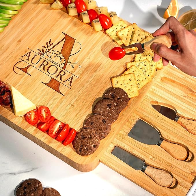 Personalized Monogram Charcuterie Board, Bamboo Cheese Board with Initial - Birth Flower Charcuterie Boards Gift Set, House Warming Gifts for New Home, Hostess Gifts 2026
