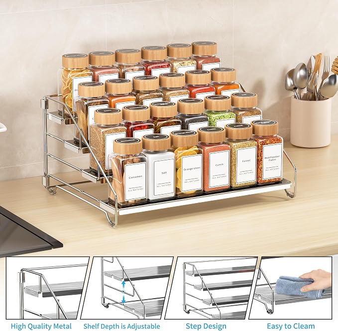 BOIVSHI Spice Organizer, 4 Tier Spice Rack Organizer for Cabinet, Adjustable Depth Spice Shelf for Countertop, Heavy Duty Seasoning Organizer for Cabinet, Counter, Pantry, Cupboard - Chrome,1 Pack