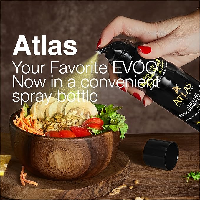 Olive Oil Spray by Atlas, Dual Function Olive Oil Cooking Spray and Stream, 5.4 fl oz, 3 Pack, Extra Virgin, Non Stick, Cold Pressed, Polyphenol Rich, Organic Moroccan EVOO, Hydroxytyrosol, Keto