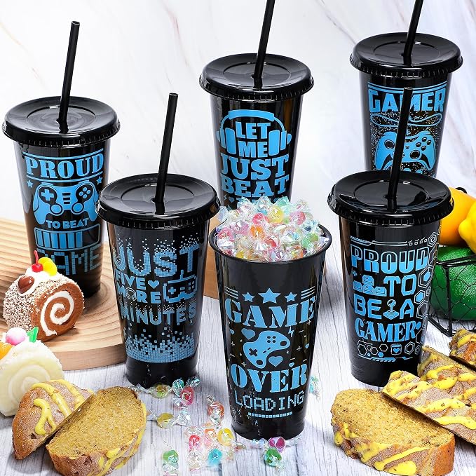 Kochorie 12 Pieces Video Game Plastic Cups 24 Ounces Gaming Party Cups with Lids and Straws Black Blue Video Game Tumbler Cups for Birthday Party Video Game Party Supplies Tableware