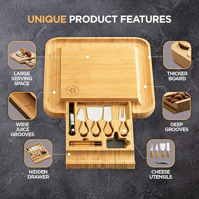 Charcuterie Boards Gift Set - Bambusi Bamboo Cheese Board Set with Serving Tray and Knives, Meat and Cheese Platter for Hosting, Gifts Fot Women, Mom, Wedding, Housewarming, Birthday, Mothers Day