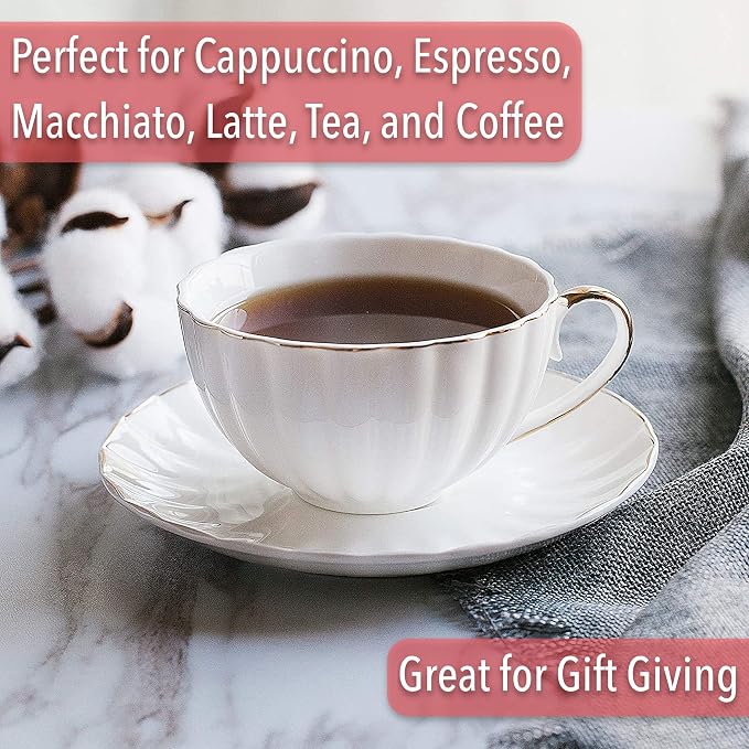 BTaT- Cappuccino Cups with Saucers 7 oz, Set of 6, Golden Trim Design | White Porcelain Coffee Cup Set, Dishwasher Safe, Ideal for Mocha Tea Au Lait Flat