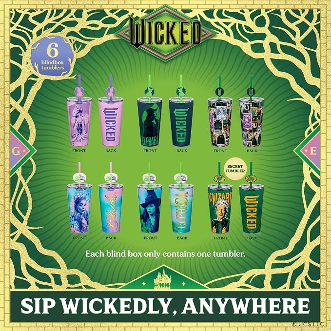 Dragon Glassware x Wicked: For Good 16 oz Blind Box Tumbler - Vacuum Insulated Tumbler Cup with 2 Straws - Stainless Steel Tumbler with Straw Topper for Water, Iced Tea