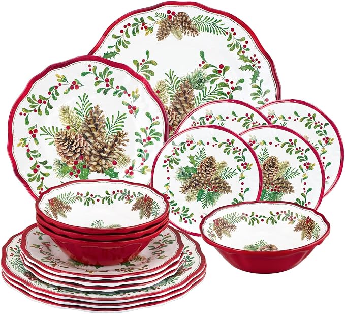 UPware 16 Piece Pinecones Melamine Dinnerware Sets, Outdoor Dishes Set, Plates and Bowls Sets, Christmas Decorations, Service for 4, Red