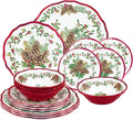 UPware 16 Piece Pinecones Melamine Dinnerware Sets, Outdoor Dishes Set, Plates and Bowls Sets, Christmas Decorations, Service for 4, Red