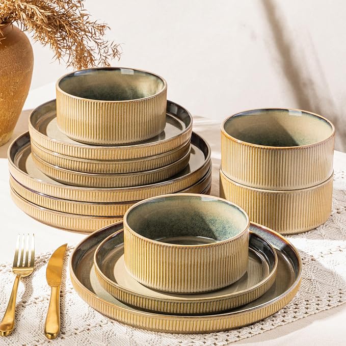 GBHOME Stoneware Dinnerware Sets for 4, 12 Pieces Lightweight Ceramic Ribbed Plates and Bowls Set, Reactive Glaze Stackable Plate Sets, Scratch Resistant Dishes, Microwave & Dishwasher Safe,Pale Khaki