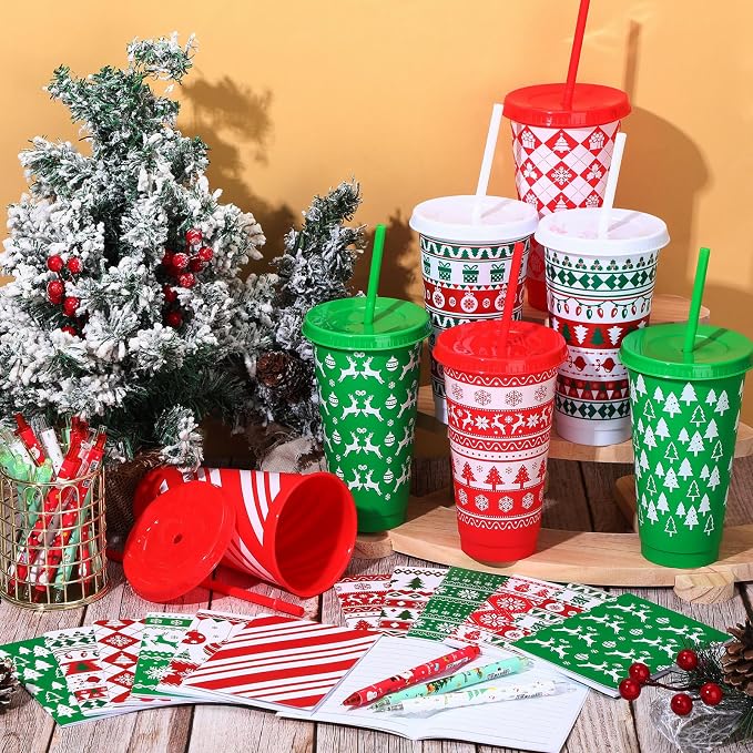 Feifeiya 72 Pcs/ 24 Set Christmas Bulk Gifts for Coworkers 24 oz Christmas Tumbler with Lids and Straws Xmas Pens Notepads Set Reusable Plastic Cups Gift for Xmas Holiday Party Supplies Employee