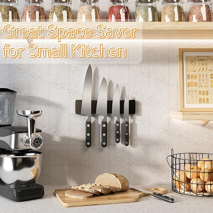 Magnetic Knife Holder for Wall, Acacia Wood Knife Magnetic Strip No Drill Knife Magnet Storage Bar Magnetic Tool Key Holder Strip for Kitchen Utensil Organizer (Black, 10 Inch)