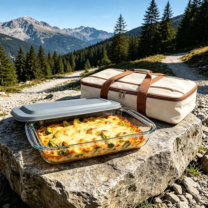 9x13 Glass Baking Dish With Lid - 3qt Glass Casserole With Carrier Insulated Bag For Hot Or Cold Food - Large Casserole Dish For Oven Potluck Party Picnic Cookouts（Beige and brown）
