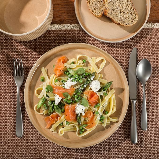 Gibson Elite Solana Coast 12 Piece Stoneware Reactive Glaze (Service for 4) Ceramic Plates and Bowls Modern Shape Embossed Dinnerware Set - Terracotta Orange
