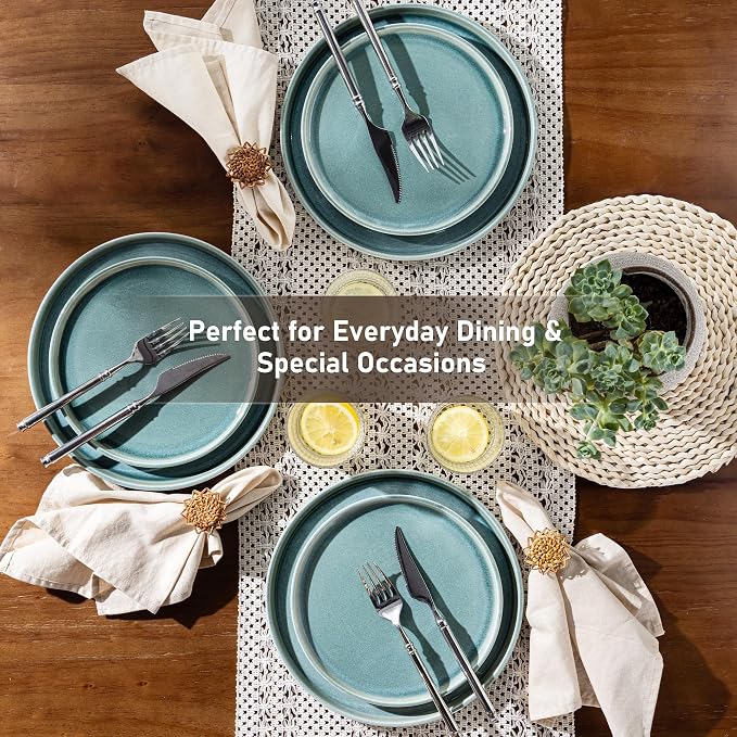 GBHOME Ceramic Dinnerware Sets for 8, 24 Pieces Stoneware Plates and Bowls Sets, Scratch Resistant Dishes, Dishwasher & Microwave Safe, Reactive Glaze-Malachite Green