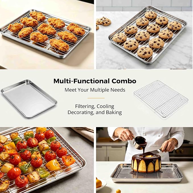 Onader 9x13IN Stainless Steel Quarter Cookie Sheet Pan with Wire Rack Set | Metal Toaster Oven Pan Tray for Baking, 1 Pan + 1 Rack, Nonstick & Dishwasher Safe