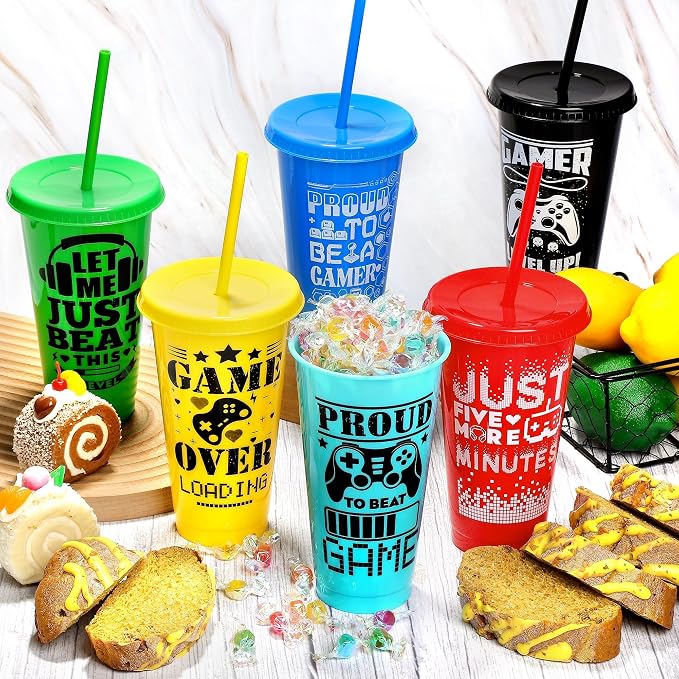 Kochorie 12 Pieces Video Game Plastic Cups 24 Ounces Gaming Party Cups with Lids and Straws Mixed Colors Video Game Tumbler Cups for Birthday Party Video Game Party Supplies Tableware