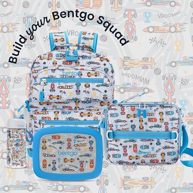 Bentgo Kids Prints Lunch Bag - Double-Insulated, Reusable, for Kids 3+, Adjustable Strap; Holds Lunch Box/Water Bottle/Snacks; Easy-Clean, Water-Resistant, Pockets (NEW Race Cars)