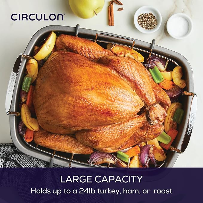 Circulon Total Bakeware Nonstick Roaster, Roasting Pan with Rack, 17-Inch x 13-Inch, Gray