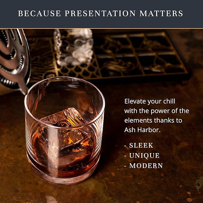 Clear Ice Cube Maker Design Tray - Craft Modern Ice Molds for Bourbon & Cocktails in 5 Seconds - Whiskey Mold Cube Stamp – Bartender Accessories - Copper Ice Press Cocktails by Ash Harbor (Elements)