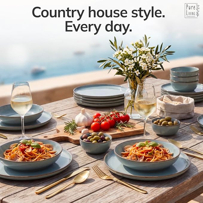 Stoneware dinnerware set 8 persons Rustic 32 pcs - Rustic design dinnerware set, dishwasher safe - Bowl and plate set - Pure Living dinnerware in smoky blue…