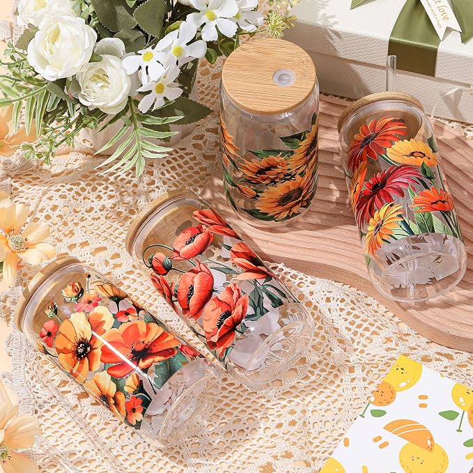Mumufy 4 Pack Wildflower Glass Cups Gift Aesthetic Cute Glass Cup Tumbler Flower Iced Coffee Mugs 16 oz with Bamboo Lid & Straw, for Wedding Birthday Bridesmaid Mom Baby Shower