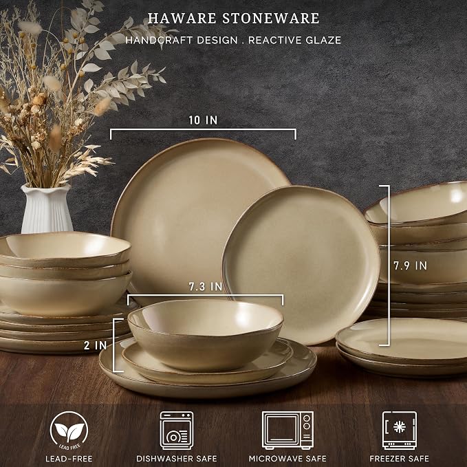 HaWare Plates and Bowls Set, Stoneware Dinnerware Sets, 16-Piece Hand-painted Dishware for 4, Ceramic Dish Set for Home Kitchen, Scratch Resistant, Microwave and Dishwasher Safe, Reactive Sandy Khaki