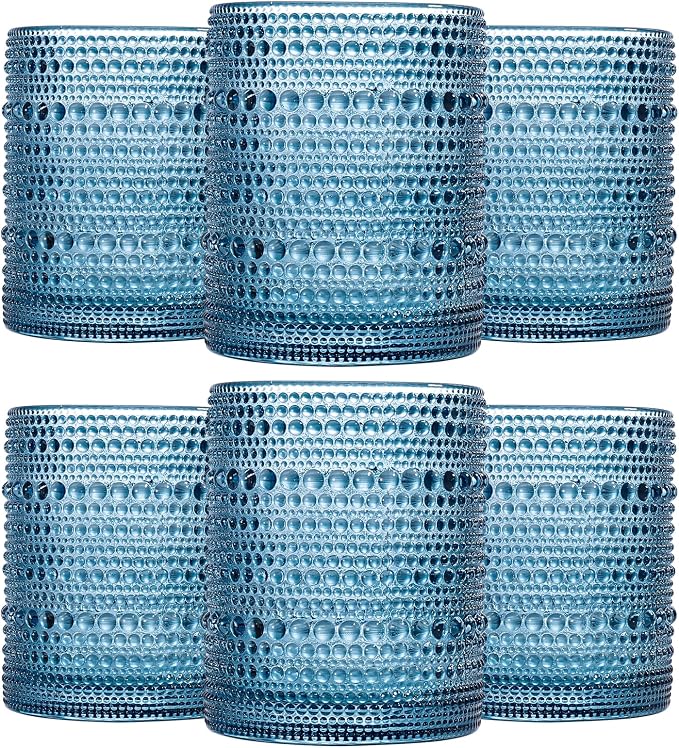 JOVGANK Blue Vintage Hobnail Drinking Glasses Set of 6, Embossed Water Tumbler 12oz, Kitchen & Bar Beaded Glass Cups, Beverage Glass Cups for Water, Beer, Juice, Housewarming Gifts for Party