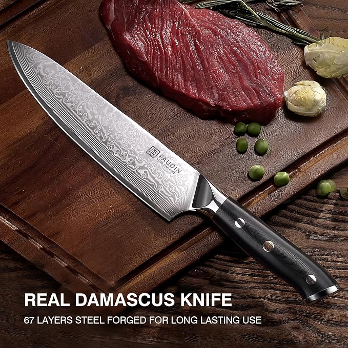 PAUDIN Chef Knife 8 Inch, 67-Layer Japanese VG10 Steel Core Damascus Kitchen Knife, Razor Sharp Japanese Chef Knife with Ergonomic G10 Handle for Home, Restaurant