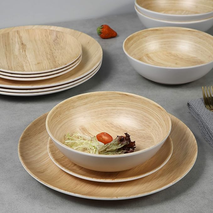Melamine Dinnerware Set - 12pcs dinnerware set Indoor and Outdoor use, Bamboo Pattern Dishes Dinnerware Set for 4,Dishwasher Safe (Wood Grain)