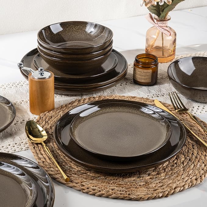 AmorArc Ceramic Dinnerware Sets,Handmade Reactive Glaze Stoneware Plates and Bowls Sets,Highly Scratch Resistant | Dishwasher & Microwave Safe Dishes Set,Service for 4 (12pc)