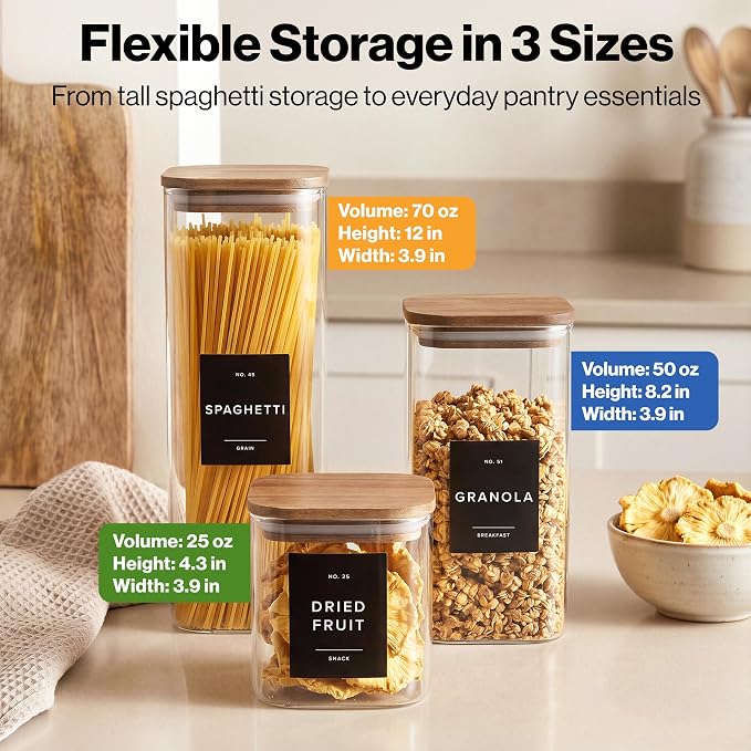 EDELHAUS Glass Storage Containers with Lids - Canister for Pantry Food | Acacia Lids Black Labels Set of 5 - cereal flour sugar rice coffee tea spice pasta noodles dry goods 54 pre-printed labels