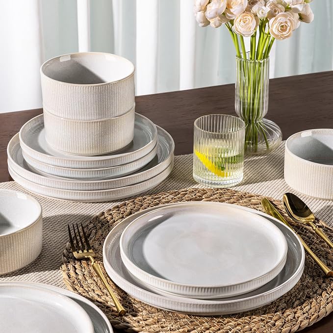 GBHOME Stoneware Dinnerware Sets, Plates and Bowls Set for 4 (12 Pieces) – Scratch Resistant, Microwave & Dishwasher Safe, Reactive Glaze, Sugar White
