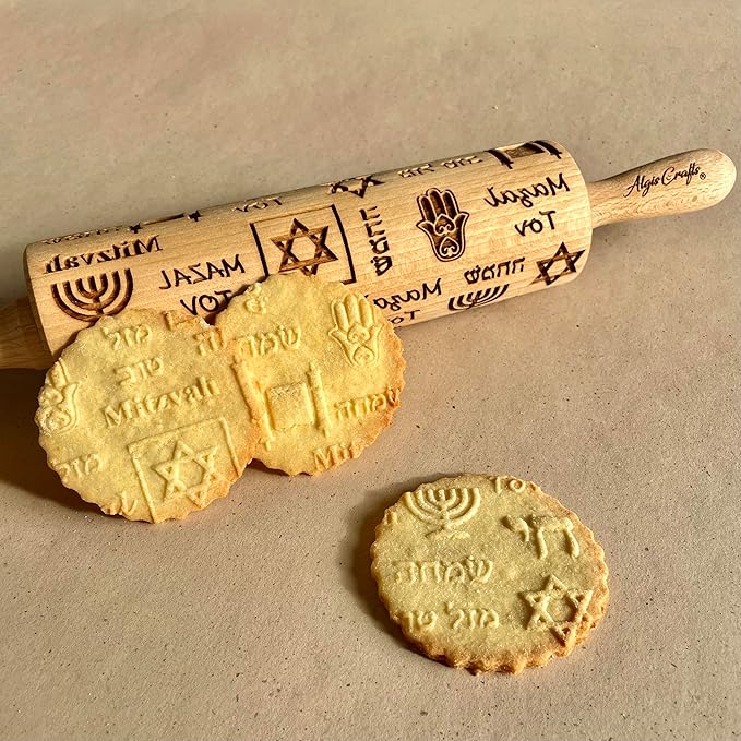 HANUKKAH Rolling pin Jewish holiday symbols laser engraved embossing dough roller for homemade cookies