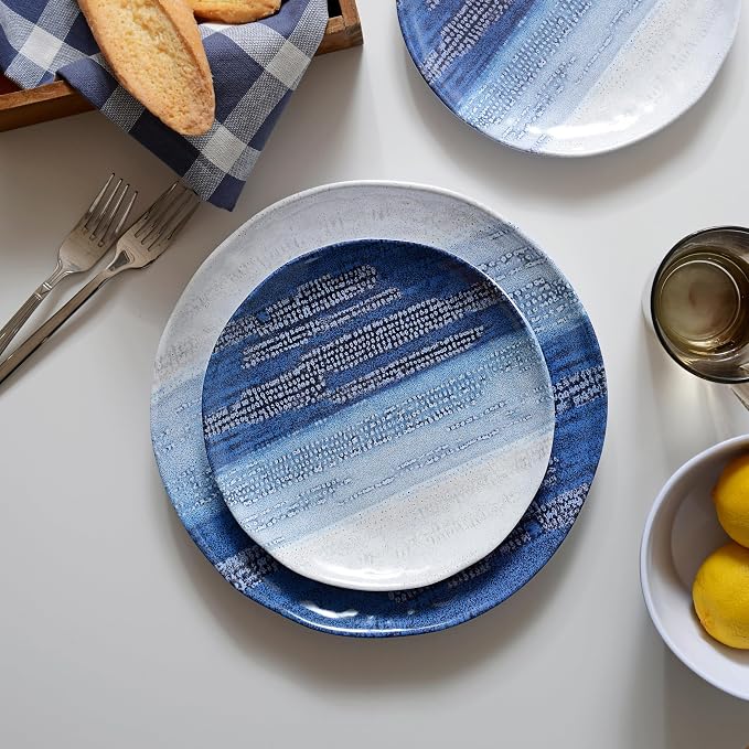 12PCS Melamine Dishes Set Blue, Nautical Plates and Bowls Sets for 4,Lightweight,Durable and Stackable for Camping, RV, Picnic and Outdoor Dining