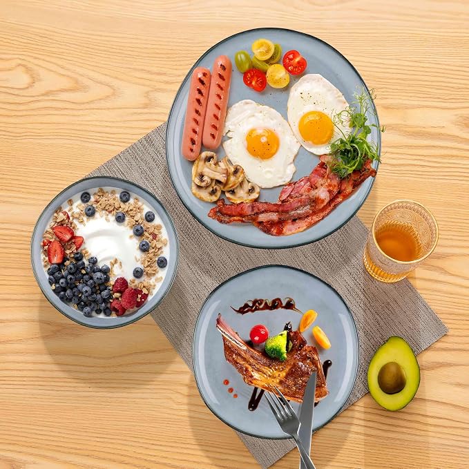 Herogo Plates and Bowls Dinnerware Sets, 12 Piece Stoneware Dinner Dishes Set for 4, Irregular Handmade Dishware Tableware, Crack and Scratch Resistant, Reactive Glaze, Smoky Blue