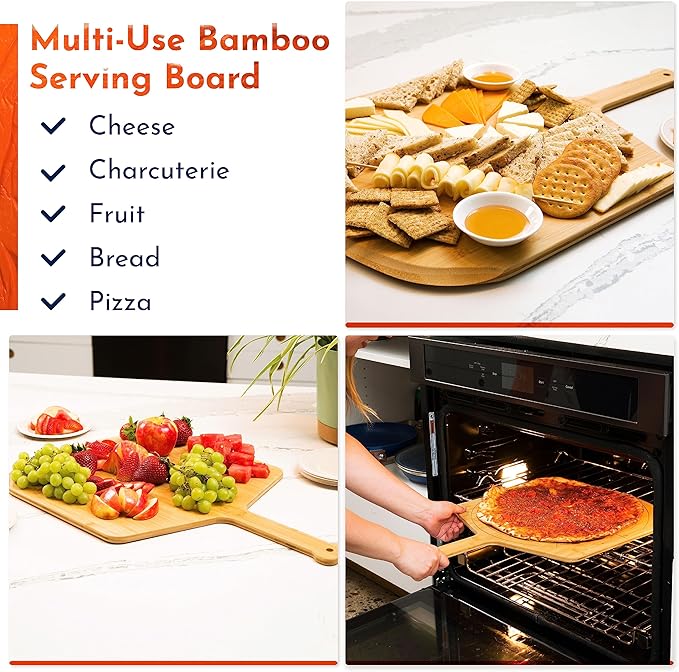 Wooden Pizza Peel 16 Inch Board with Engraved Sizes - Multi-Purpose Bamboo Pizza Cutting Board, Wood Pizza Peel, Pizza Spatula Paddle, and Serving Board with Size and Cutting Guide
