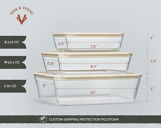 Vase and Vessel Glass Storage Container Set, Borosilicate Glass, Tempered Glass Lids, Baking Pan, Airtight with Vents, Microwave, Oven & Dishwasher Safe, (Rectangular - Set Of 3)