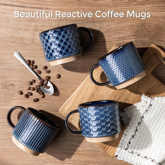 GBhome 12OZ Stackable Coffee Mugs with Stand, Ceramic Coffee Mugs with Texture Patterns for Man,Woman,Dad,Mom, Modern Coffee Cups Set of 4 for Latte/Cappuccino/Cocoa. Dishwasher&Microwave Safe
