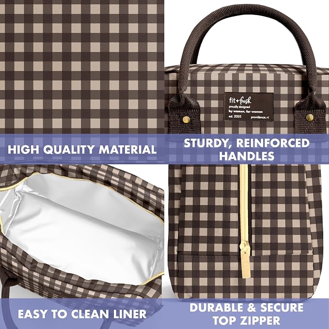 Fit & Fresh Bloomington Lunch Bag for Women - Insulated Large Lunch Box for Work with Containers, Leak-Resistant, Gingham Tan