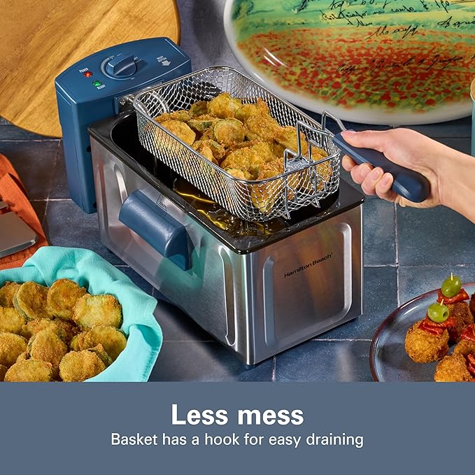 Hamilton Beach Family Style Electric Deep Fryer With Basket | 2 Liter / 8 Cup Oil Capacity | 1500 Watts | Lid | Easy Detach Magnetic Cord | Kitchen Makeover Blue | 35031