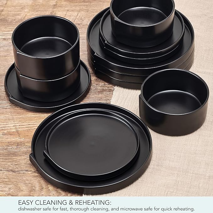 Pfaltzgraff Contemporary Edge 12 Piece Stoneware Dinnerware Set, Service for 4, Plate and Bowls with High Rims for Everyday use, Black