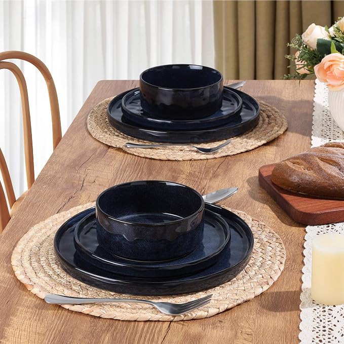 LIANYU Plates and Bowls Sets for 2, 6 Piece Dish Dinnerware Sets, Stoneware Kitchen Dinner Dishware, Microwave & Dishwasher Safe, Cetacean Blue