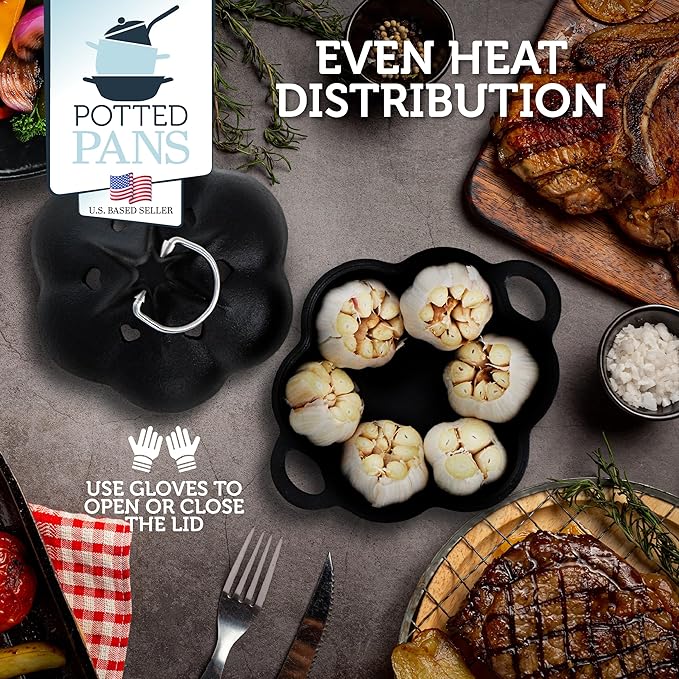 Potted Pans Garlic Roster, Pre-Seasoned Cast Iron Garlic Roaster and Garlic Press, Heavy Duty Garlic Roaster with Lid, Garlic Baker Garlic Cooker for Oven, Grill, Stove, BBQ